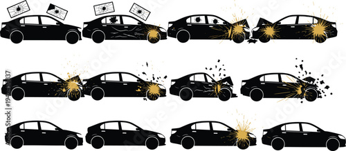 Car crash collision sequence icons, vehicle accident stages, damaged sedan silhouettes with impact sparks, traffic accident concept vector illustration set