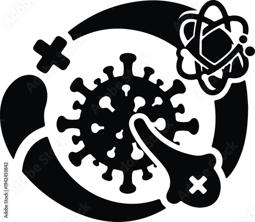 Vector medical research icon showing virus cell and atomic molecule silhouette design