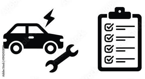 Car, breakdown and vehicle inspection checklist icon set in black and white, automobile service symbols, repair and maintenance concept icons, modern flat vector