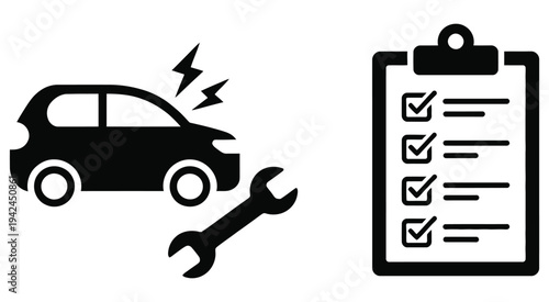 Car, breakdown and vehicle inspection checklist icon set in black and white, automobile service symbols, repair and maintenance concept icons, modern flat vector