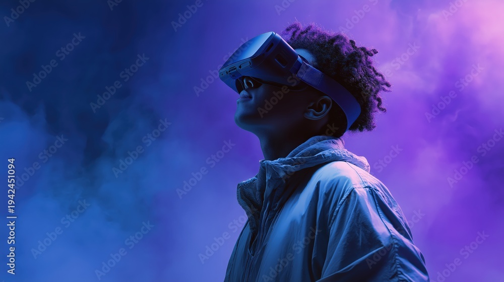 Obraz premium A person wearing a virtual reality headset, immersed in a digital experience with vibrant purple and blue lighting.