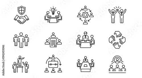 Group of diverse people in a collaborative conference icon set demonstrating discussion and teamwork.
