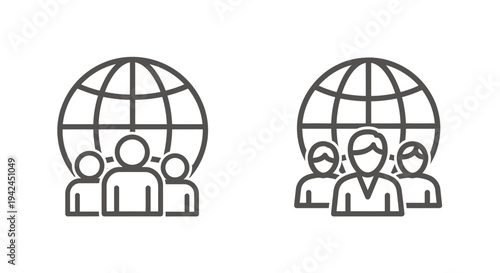 Group of diverse people around a globe illustrating global teamwork and collaborative discussion.
