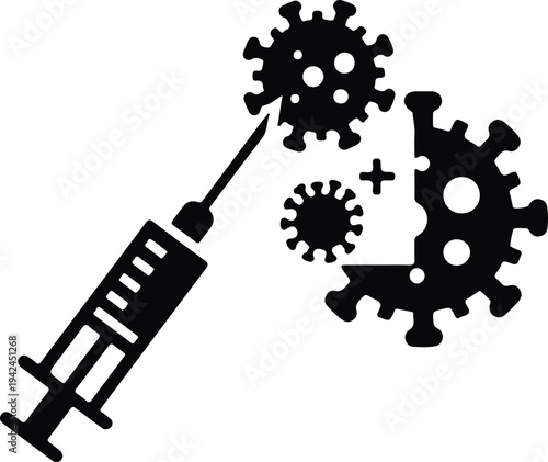 Vector medical syringe needle injecting vaccine into corona virus cells silhouette design