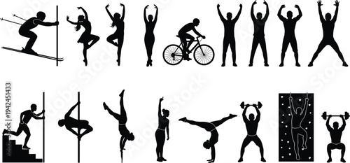 Athletic sports silhouette vector set featuring diverse people training in gymnastics cycling weightlifting skiing climbing and fitness for active lifestyle healthy competition graphic design.