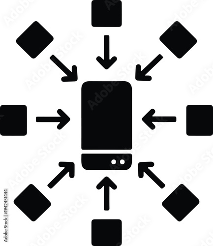 Cuadro en lienzo Vector mobile phone data collection and central networking hub silhouette design