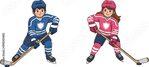Cute cartoon illustration of happy little boy and girl playing ice hockey with sticks and puck for kids winter sports activity and childhood competition.