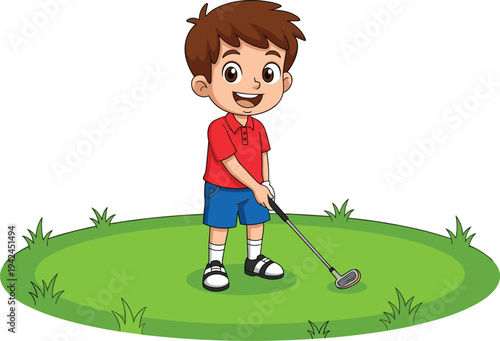 Cute cartoon illustration of a happy little boy playing golf on a green grass field for kids sports outdoor activity and childhood hobby design.