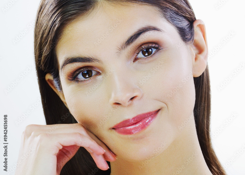 Fototapeta premium Makeup, smile and portrait of woman in studio with facial self care, health and confidence. Happy, cosmetics and female person with face cosmetology for glow or wellness by white background.