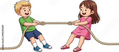 Cute cartoon illustration of happy little boy and girl playing tug of war for kids outdoor sports activity nursery school fun and childhood competition.