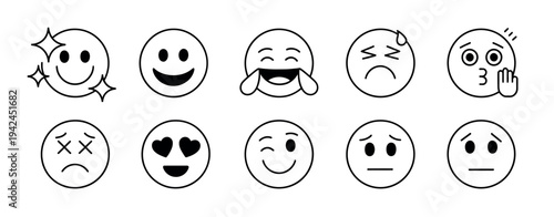 Doodle Emoji Face Icon Set Showing Hand Drawn Sketch Style Emoticons Happy Sad Smile Comic Line Mood Vector Illustration