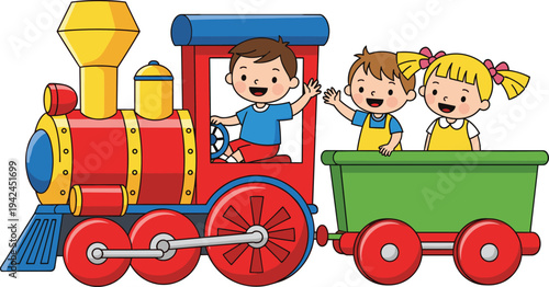 Cute cartoon illustration of happy children riding a colorful toy steam train for kids nursery amusement park fun adventure and childhood vacation design.