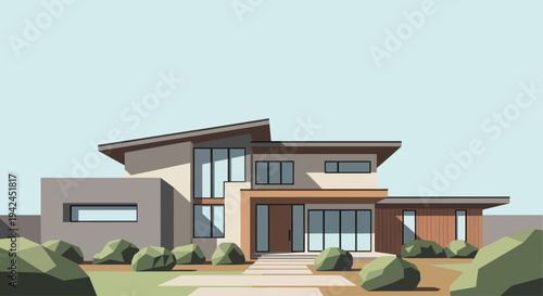 Contemporary minimalist house with large windows and front garden