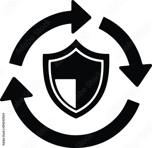Vector security shield with circular arrows showing continuous protection system silhouette design