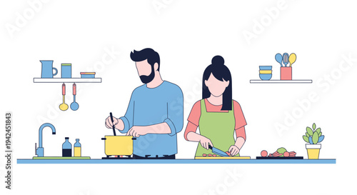 Couple cooking healthy meal together in a modern kitchen