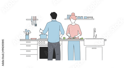 Couple cooking together in a modern kitchen at home.