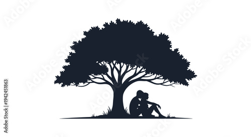 Couple sitting together under a tree silhouette illustration