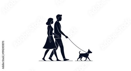 Couple walking small dog together in minimalist silhouette