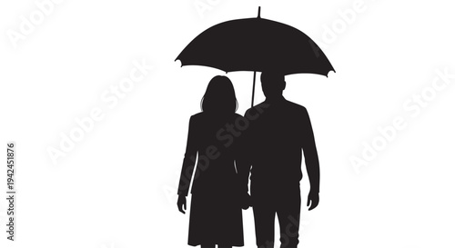 Couple walking together under an umbrella silhouette