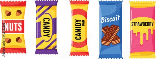 Colorful snack packaging set vector illustration candy bar biscuit nuts strawberry wrapper collection sweet food package design isolated