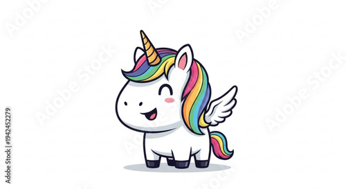 A cheerful cartoon unicorn with a rainbow mane and wing standing on a plain white background with a happy expression