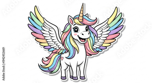 Colorful winged unicorn with rainbow mane and tail standing on white background smiling and looking forward with spread wings