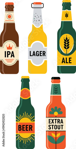 Craft beer bottle collection vector illustration IPA lager ale stout brewery beverage packaging labels colorful alcohol drink design isolated set