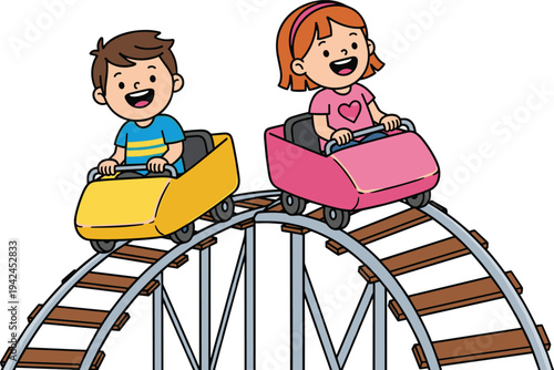 Cute cartoon illustration of happy children riding a roller coaster at an amusement park for kids theme park fun adventure and childhood vacation design.