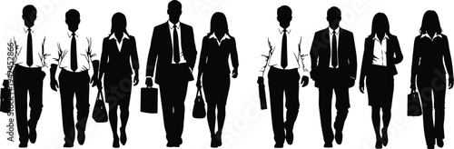 Professional business people silhouette vector set featuring men and women wearing formal suits carrying briefcases walking for corporate office career leadership and teamwork design.