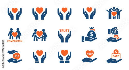Set of blue and orange icons illustrating teamwork, trust, and business collaboration concepts.