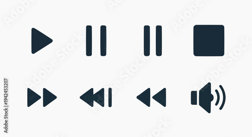 Media Player Control Icons Set with Play, Pause, Stop, Forward, Rewind and Volume Symbols for Audio Video Playback Interface, Minimal Vector Graphic for Web and App Design
