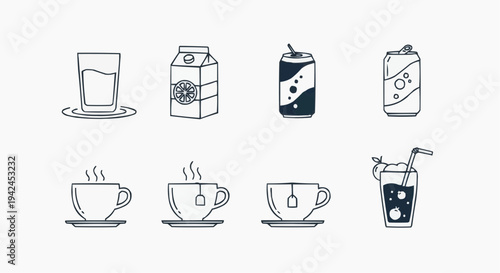 Beverage Drink Icons Set with Coffee Cups, Milk Carton, Juice and Soft Drink Symbols for Cafe Menu, Food Service and Restaurant Concept, Minimal Vector Graphic