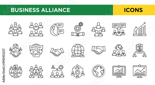 Collection of business and teamwork icons for graphic design and presentations.