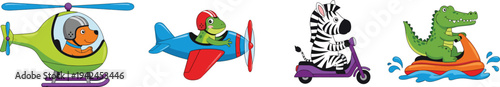 Cute animal transportation cartoon set dog helicopter frog airplane zebra scooter crocodile water scooter kids vector illustration collection