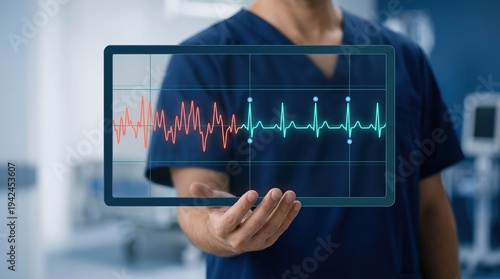 Arrhythmia, EKG, cardiology, heart monitor, healthcare, medical technology, sinus rhythm displayed on a transparent digital tablet held by a professional in a hospital clinic.