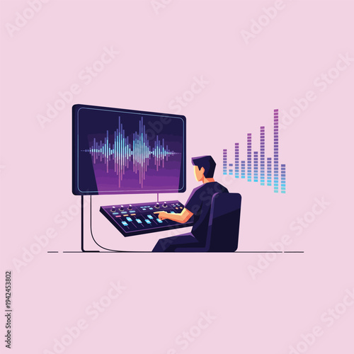 Man editing audio on computer workstation.