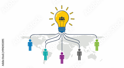 Global collaboration powered by a central lightbulb idea connecting diverse people online.