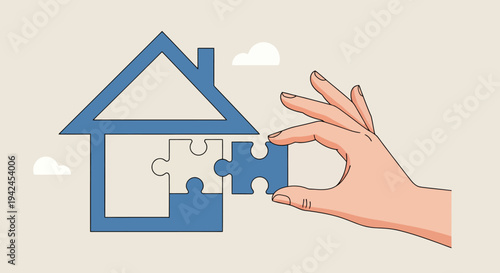 Collaborative hand placing a puzzle piece into a house illustration for housing construction concept.
