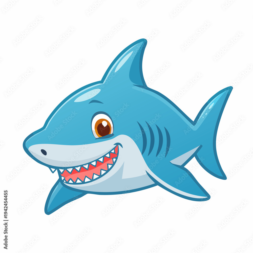 Fototapeta premium Cute blue cartoon shark character smiling with sharp teeth