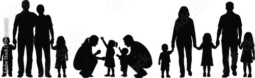 Family silhouette collection parents with children walking and playing vector set happy family parenting love care people isolated illustration