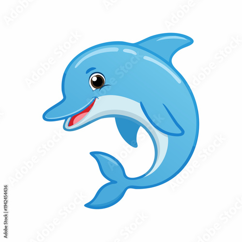 Cute blue cartoon dolphin swimming happily on white background