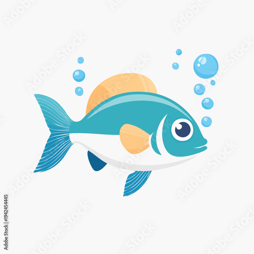 Cute blue cartoon fish swimming with bubbles underwater