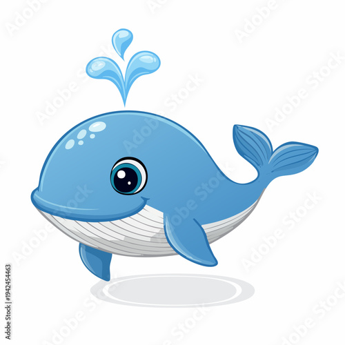 Cute blue cartoon whale spouting water and smiling