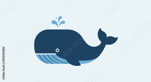 Cute blue whale spraying water in minimalist flat illustration