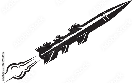 Stylized black and white vector illustration of a missile launching with a smoke trail, ideal for military, defense, and technology-related designs.