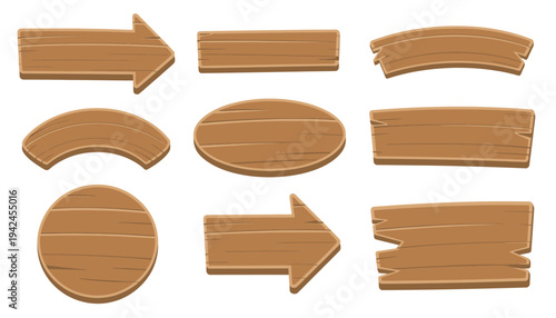 Wooden Signboards and Direction Arrows Flat Vector Set Featuring Natural Texture Signs With Space for Messages Mobile Game Assets Illustration