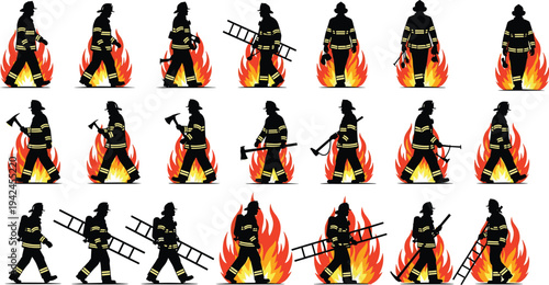 Firefighter silhouettes collection with firemen carrying ladder, axe and equipment walking through flames isolated vector illustration for emergency rescue service