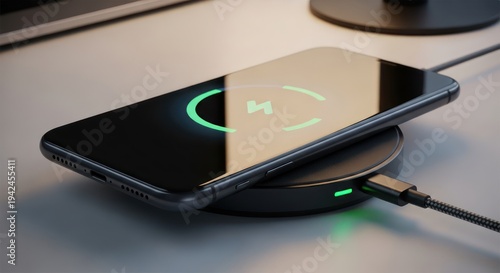 Smartphone receiving wireless charge on desktop with charging symbol illuminated green