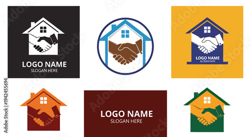 Graphic logos featuring circular handshake emblems for partnership and unity concepts.