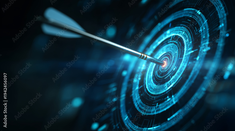 Fototapeta premium Digital target arrow blue cyber dartboard business goal marketing strategy success precision aim data concept glowing technology focus digital